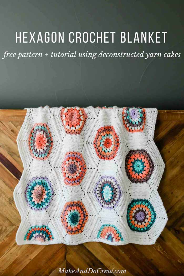 Vintage-looking, gender neutral crochet blanket pattern made from crochet hexagons that are joined as you go. Free pattern + video tutorial featuring Lion Brand Mandala, Cupcake and Pound of Love yarns.