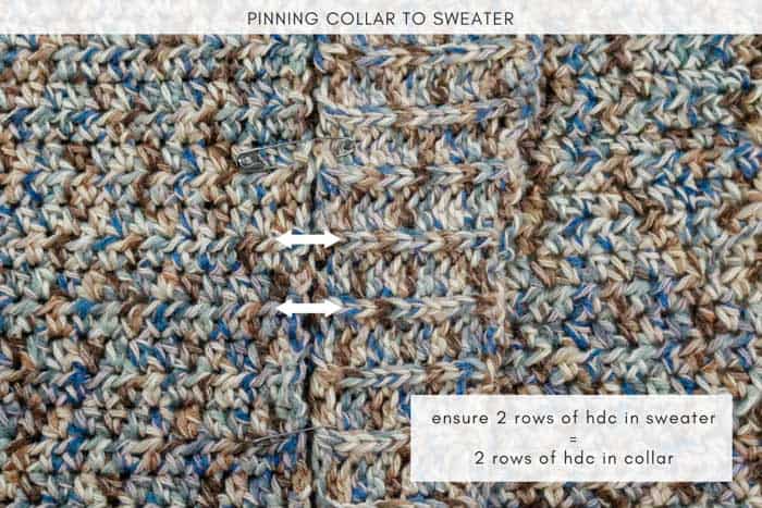 How to crochet a cardigan sweater with a rolled collar and line up rows of half double crochet ribbing.
