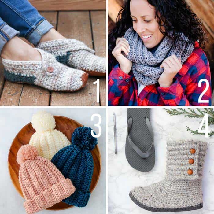 Free patterns: crochet gift ideas including slippers, an infinity scarf, a fast beanie, and crochet boots with flip flop soles.