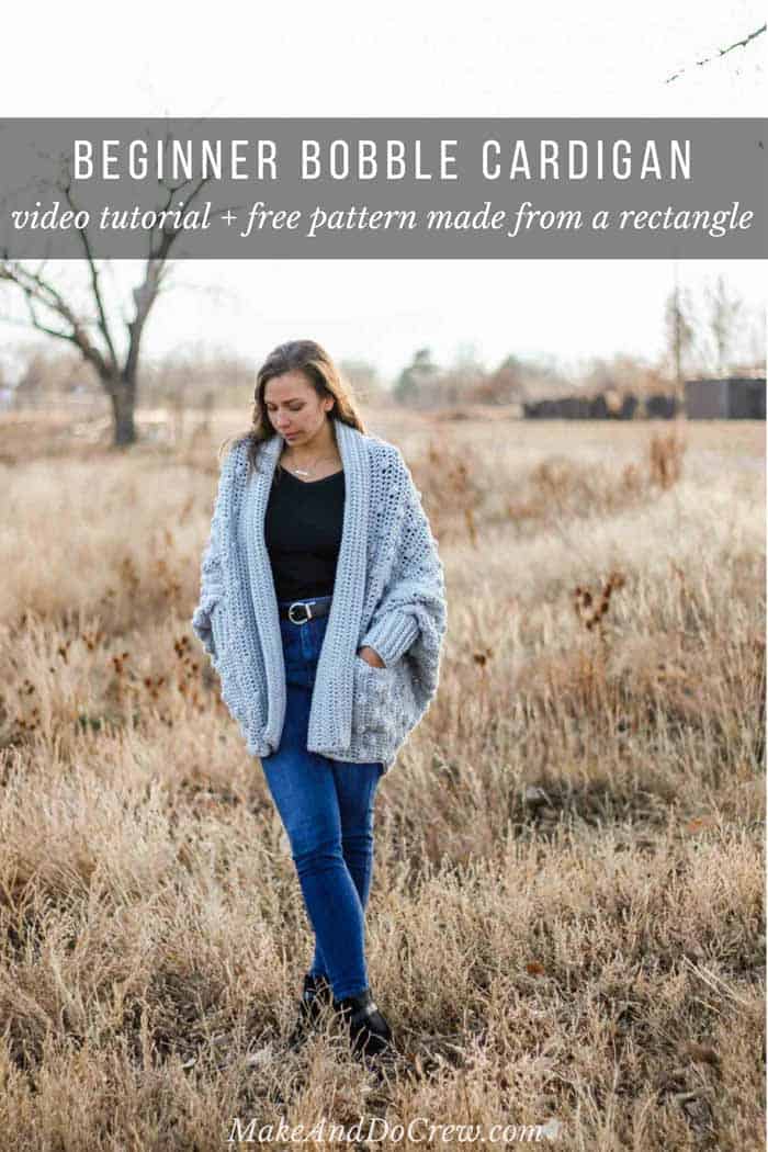 The construction of this free crochet cardigan pattern couldn’t be easier. You’ll make a large rectangle, seam it in two places and build the sweater using simple stitches from there. Video tutorial--great for beginners!