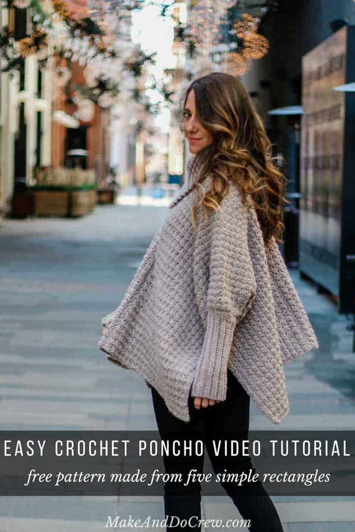 In this crochet poncho video tutorial, learn how to use simple rectangles to construct a cozy crochet poncho sweater with sleeves. These step-by-step instructions are very beginner friendly. Follow along with the free written pattern that includes plus sizes!