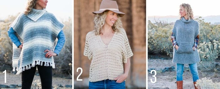 Modern, free crochet poncho patterns with tutorials from Make & Do Crew. Featuring Lion Brand Cotton Bamboo, Scarfie and Touch of Alpaca yarns.