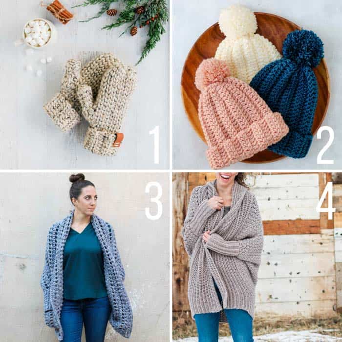 Free crochet patterns and tutorials for beginners featuring mittens, simple sweaters made from rectangles and a ribbed beanie. 
