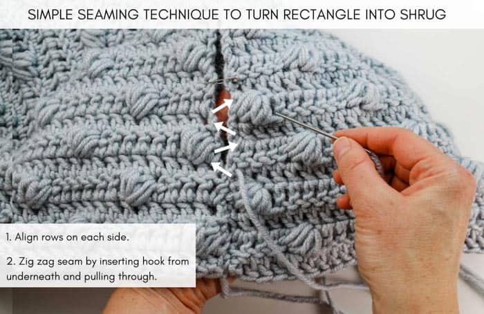 How to crochet a sweater shrug from a rectangle. Basic crochet seaming instructions.