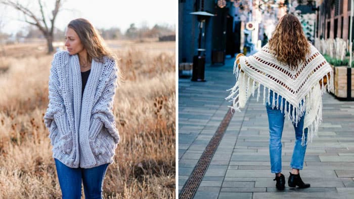 Two free crochet patterns featuring Lion Brand Color Made Easy yarn, including the Haven Cardigan and the Whisper Triangle Scarf from Make and Do Crew.