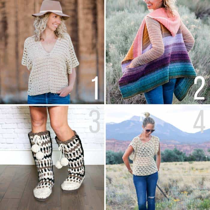 Boho free crochet patterns from Make & Do Crew including a poncho top, cardigan with hood and mukluk slippers.