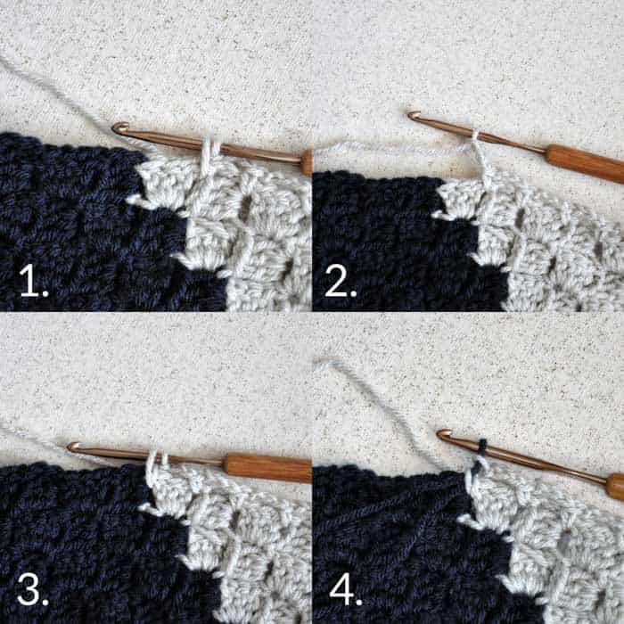 Detailed photo tutorial for how to change colors during corner to corner crochet. 