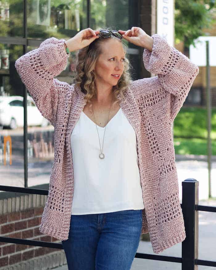 This velour crochet cardigan sweater pattern is made from two basic hexagons! Free pattern + tutorial with plus sizes.
