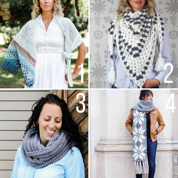 4 free crochet patterns for scarves and shawls, including an asymmetrical shawls, a granny square triangle scarf, an infinity cowl, and corner to corner super scarf.