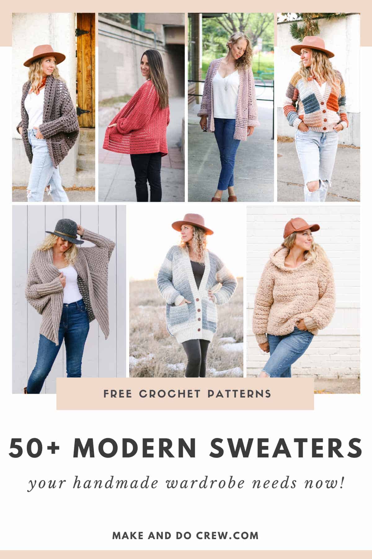 This image shows off seven free modern crochet sweater patterns made with Lion Brand Yarn. Designed and created by Jess Coppom at Make and Do Crew.