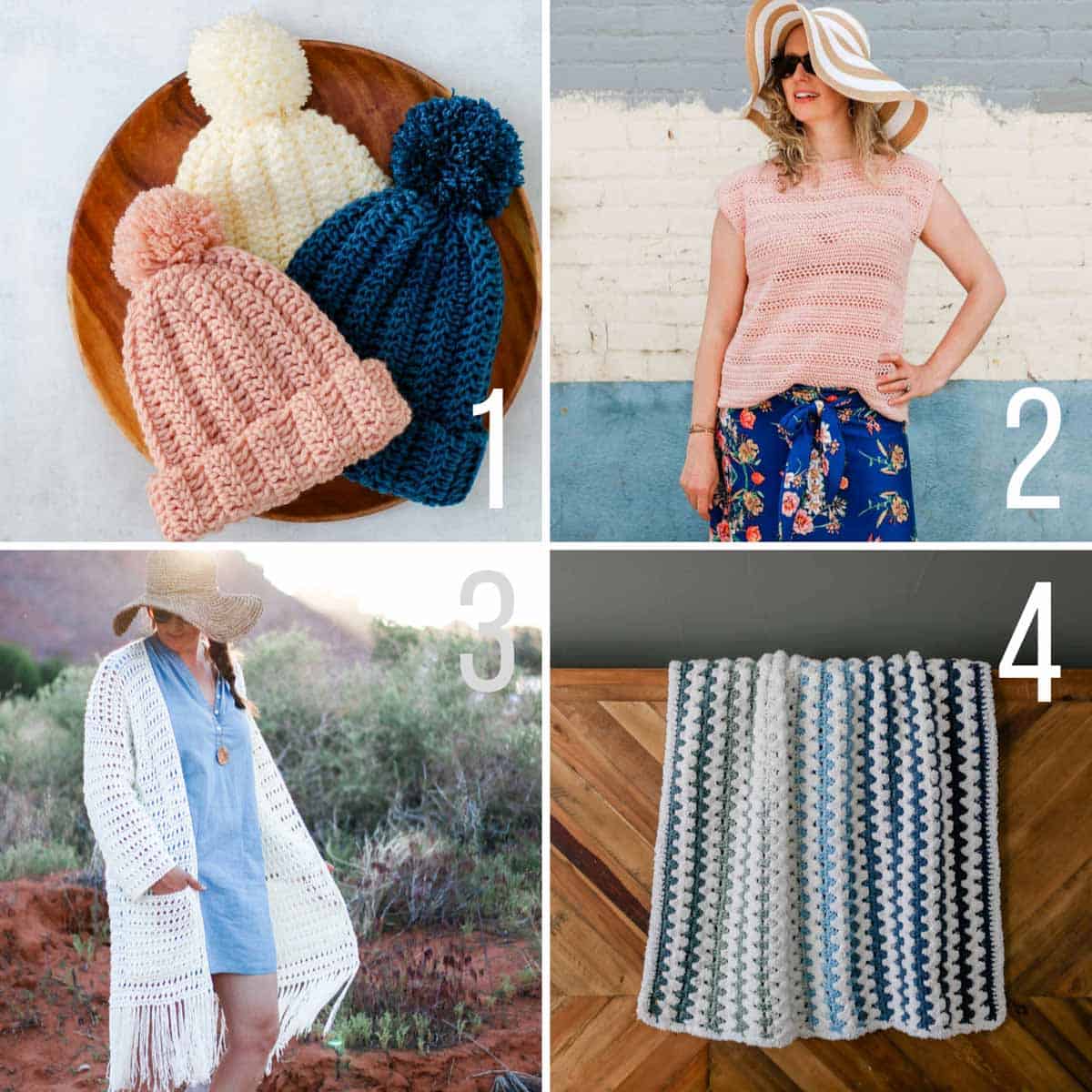 Beginner friendly crochet patterns, including a crochet beanie, a crochet top, a long crochet cardigan with fringe, and a soft crochet baby blanket.