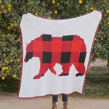Plaid bear corner-to-corner crochet blanket free pattern.
