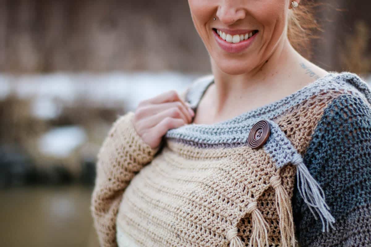 Close up of crochet sweater with button front closure.