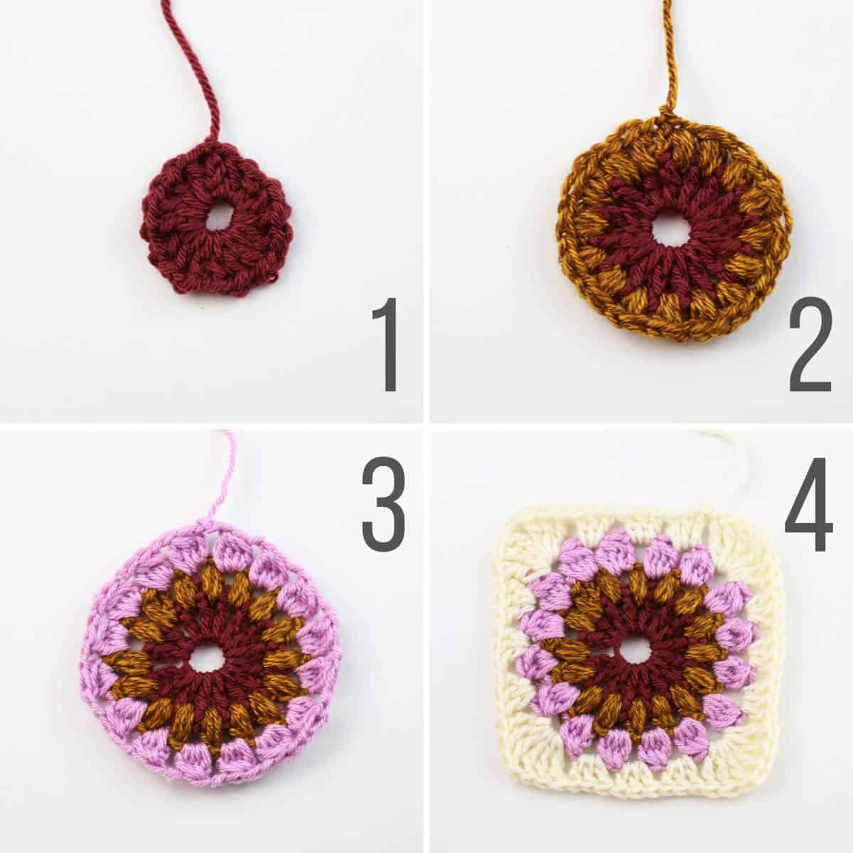Step by step photo tutorial on how to create a crochet granny square pattern.