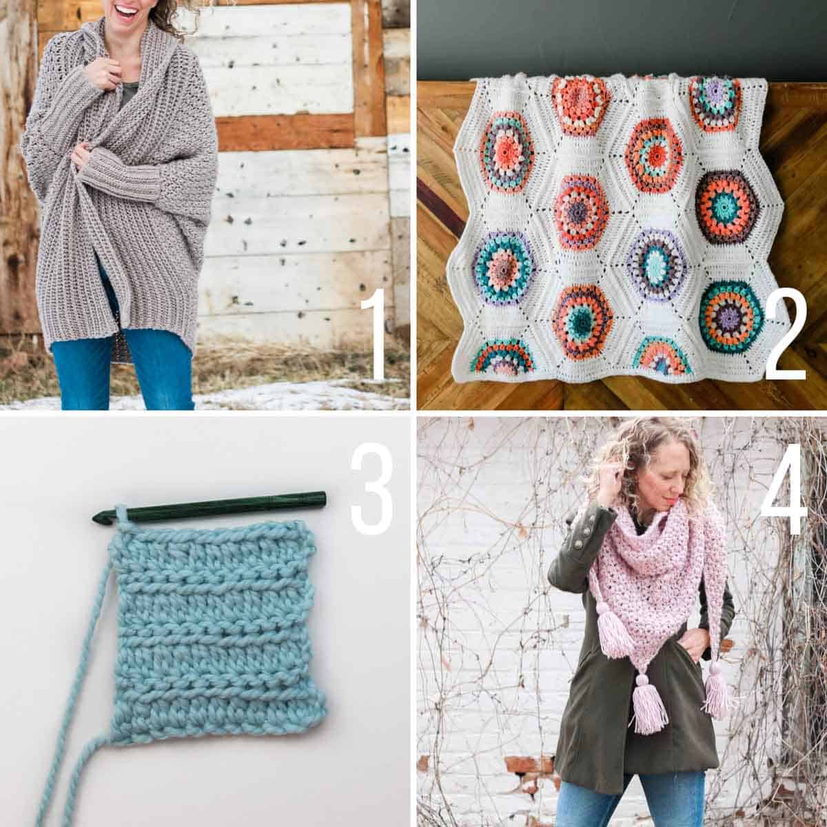 Free crochet patterns with video tutorials including a hexagon blanket, a simple cardigan and a lace shawl.