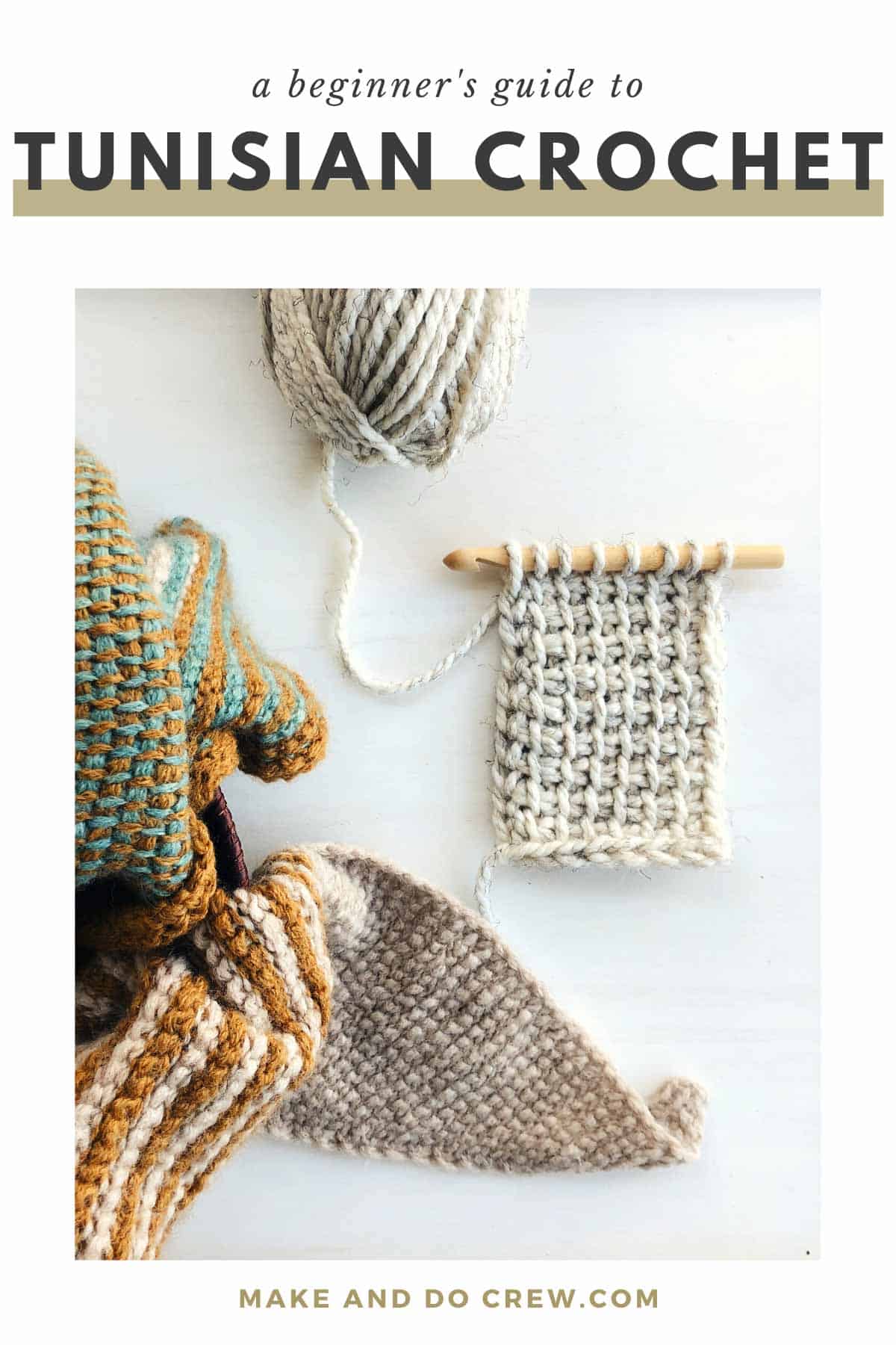 Tunisian crochet shawl next to a Tunisian crochet simple stitch swatch.