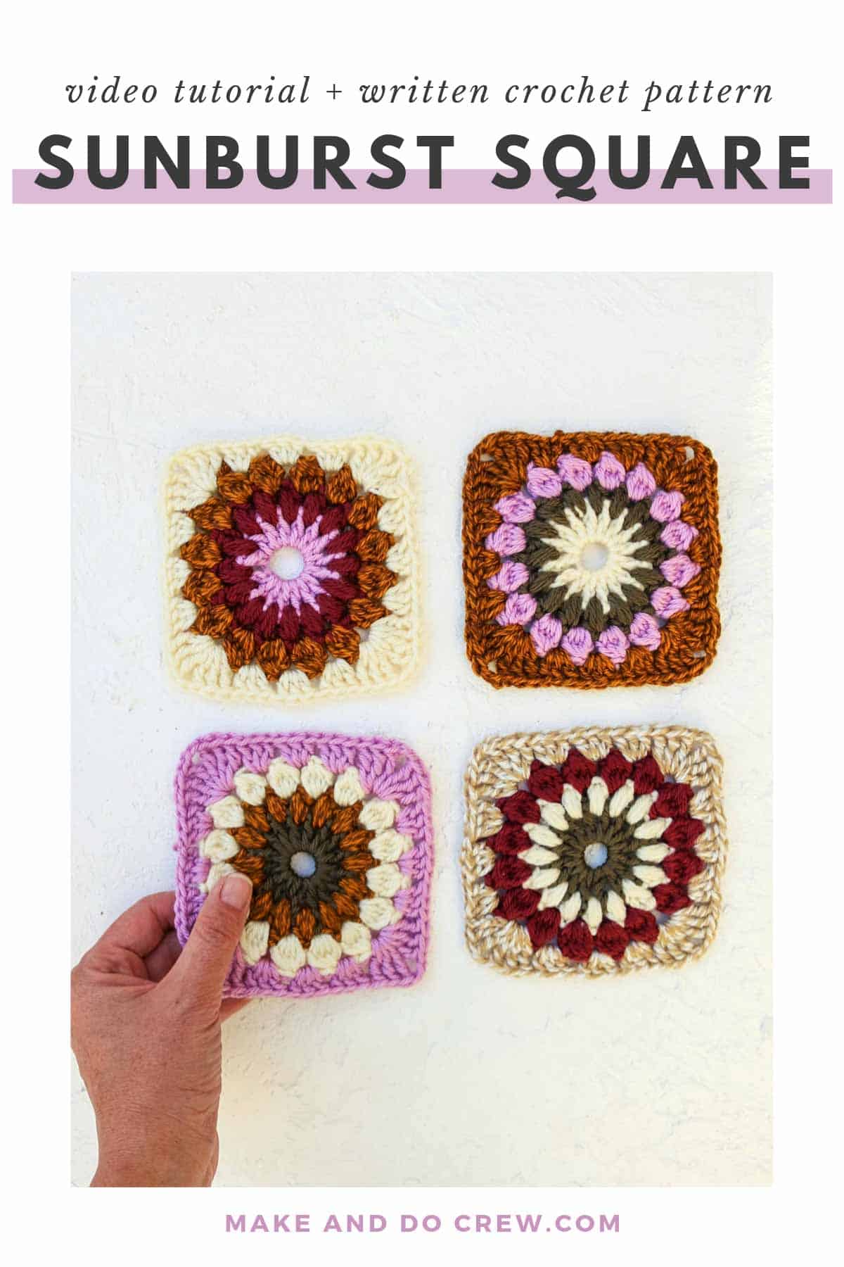 Four different sunburst granny square patterns.