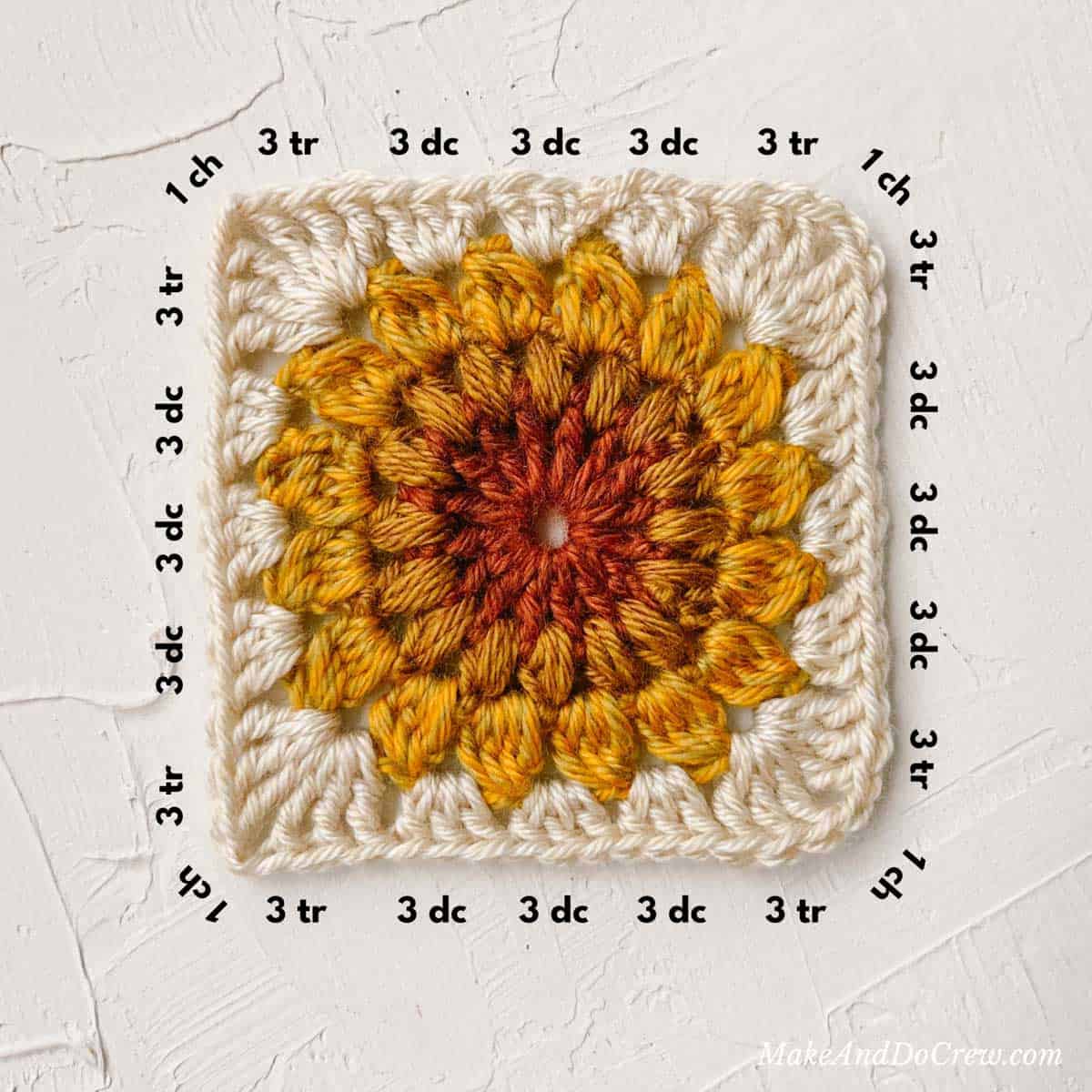 Sunflower granny square diagram showing what stitches to use.