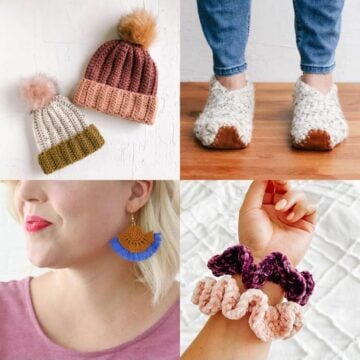 Crochet beanie, slippers, earrings and scrunchies.