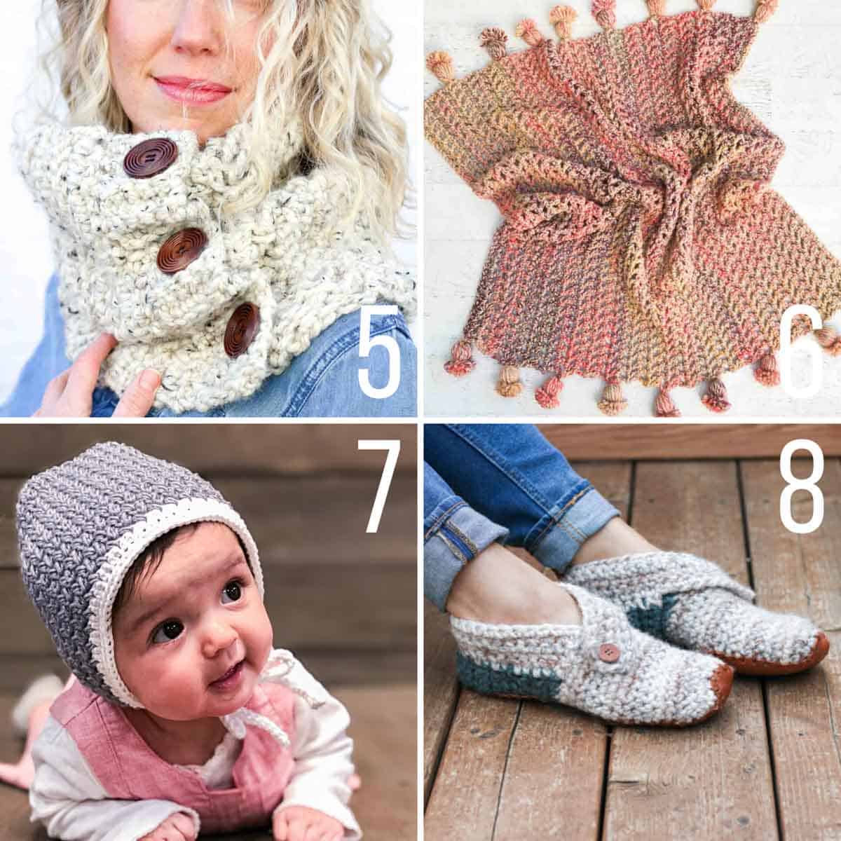 Fast crochet gift ideas including a baby bonnet, a quick crochet afghan, slippers and a cowl.