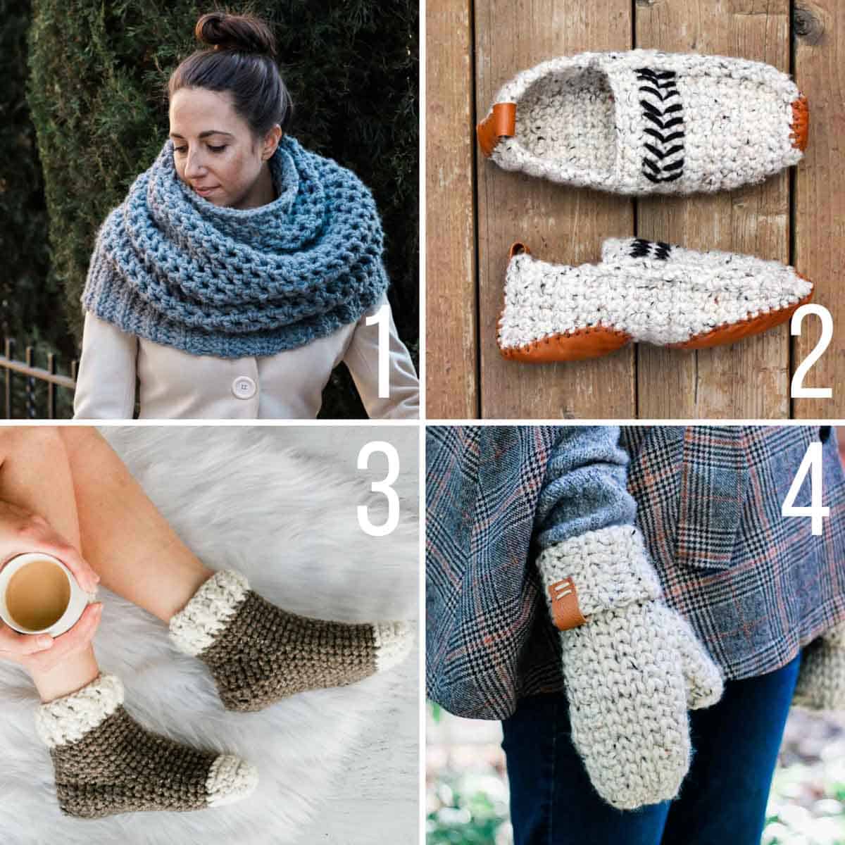 Quick crochet patterns including a chunky cowl, knit-look mittens, and slippers.
