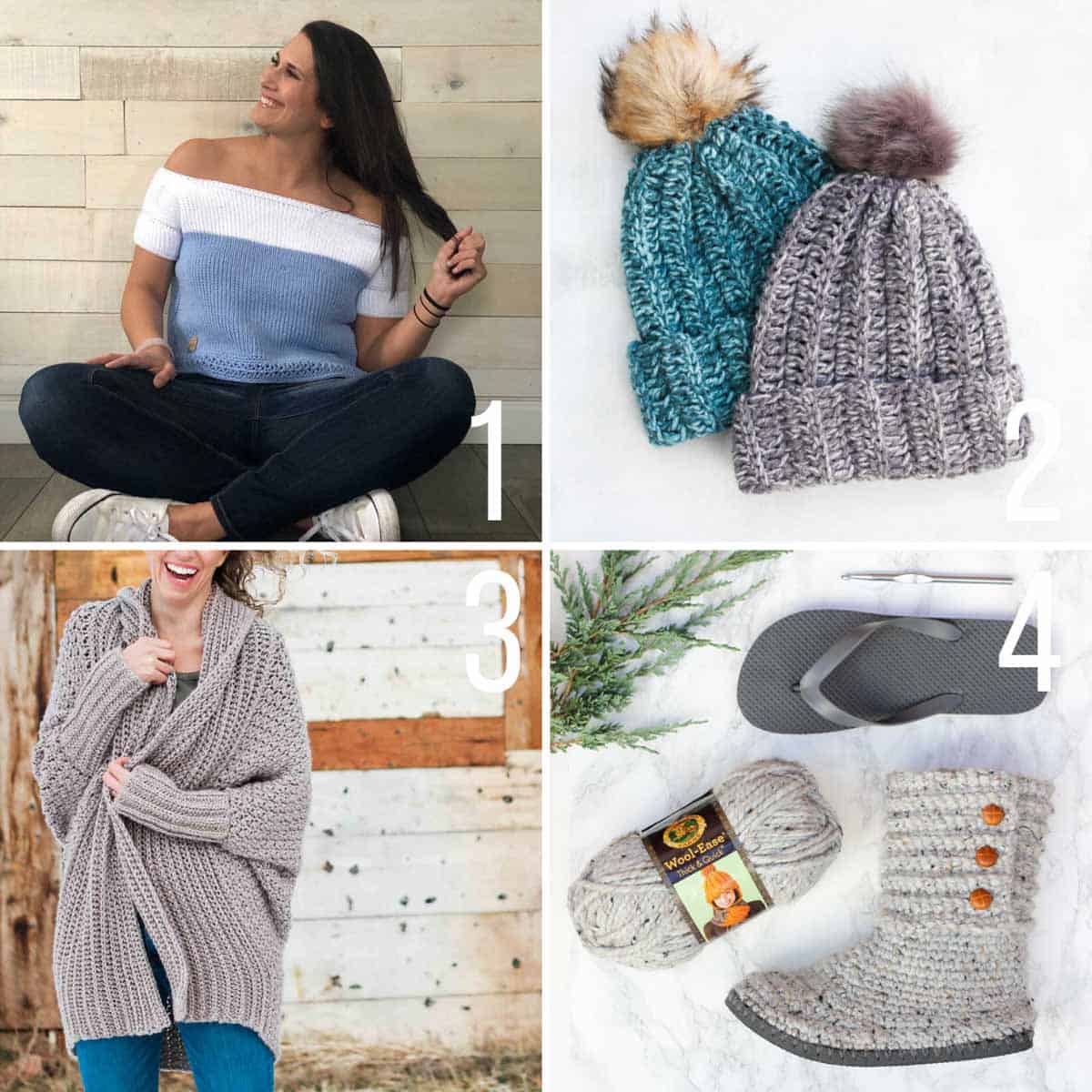 Four free crochet patterns from Make & Do Crew including an easy crochet beanie, a Tunisian crochet top, an easy sweater and crochet boots with flip flop soles.