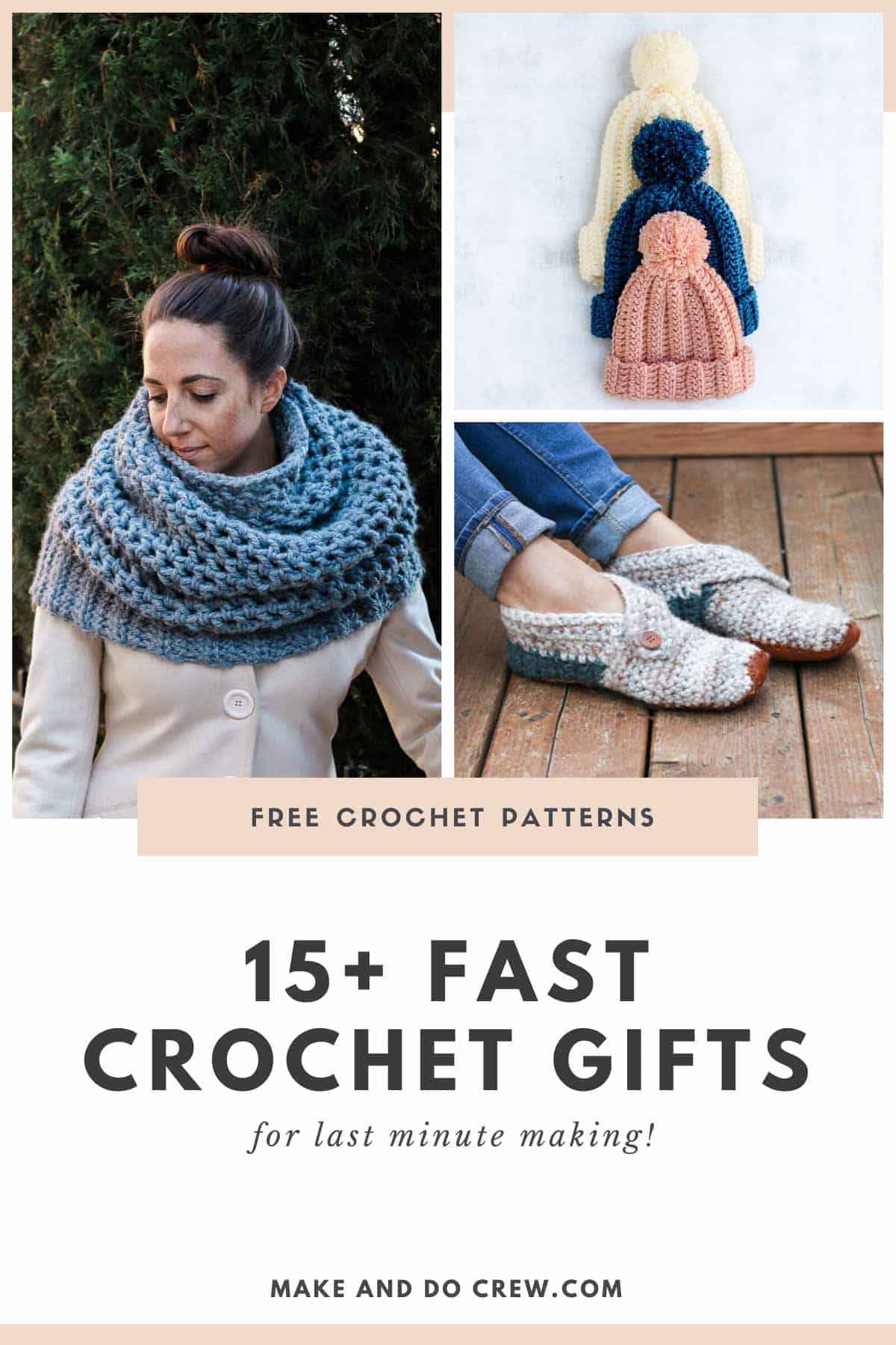 A grid of fast crochet patterns that are easy to make for Christmas, baby shower or birthday gifts.