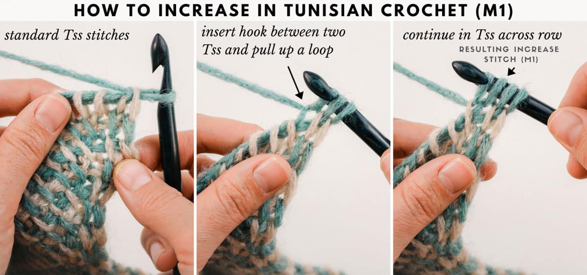 Photo tutorial showing how to increase in Tunisian Crochet.