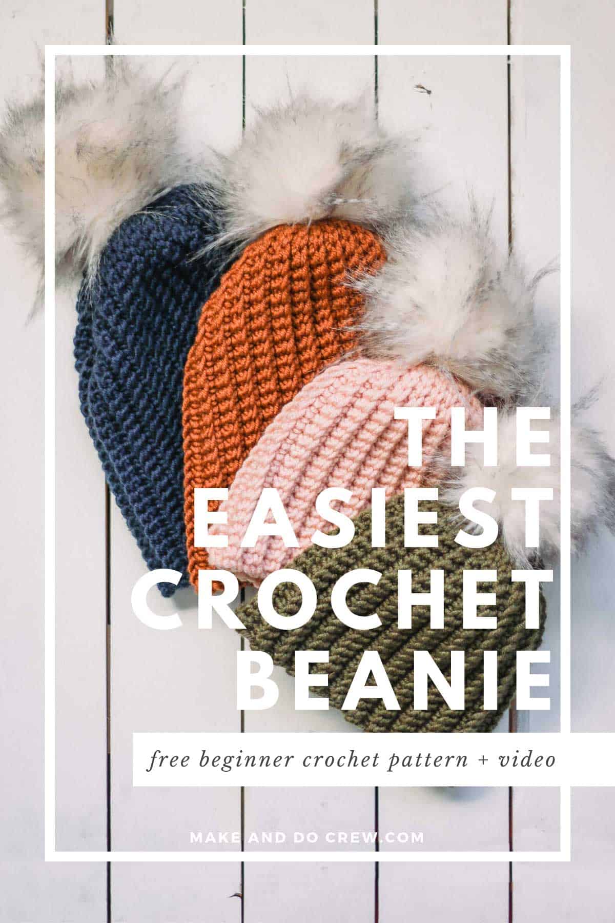 Stack of four modern crochet hats in baby through adult sizes, each with a fur pom pom. Hats made with Lion Brand Color Made Easy.