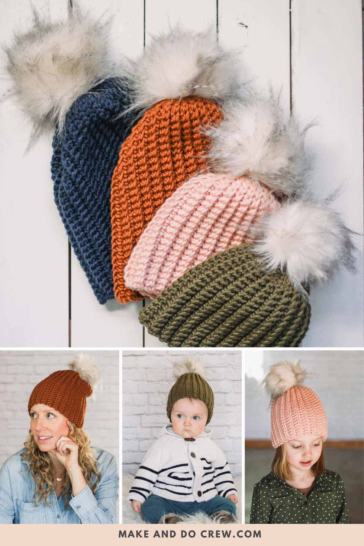 Crochet hats on a woman, child and baby. Made with Lion Brand Color Made Easy yarn.