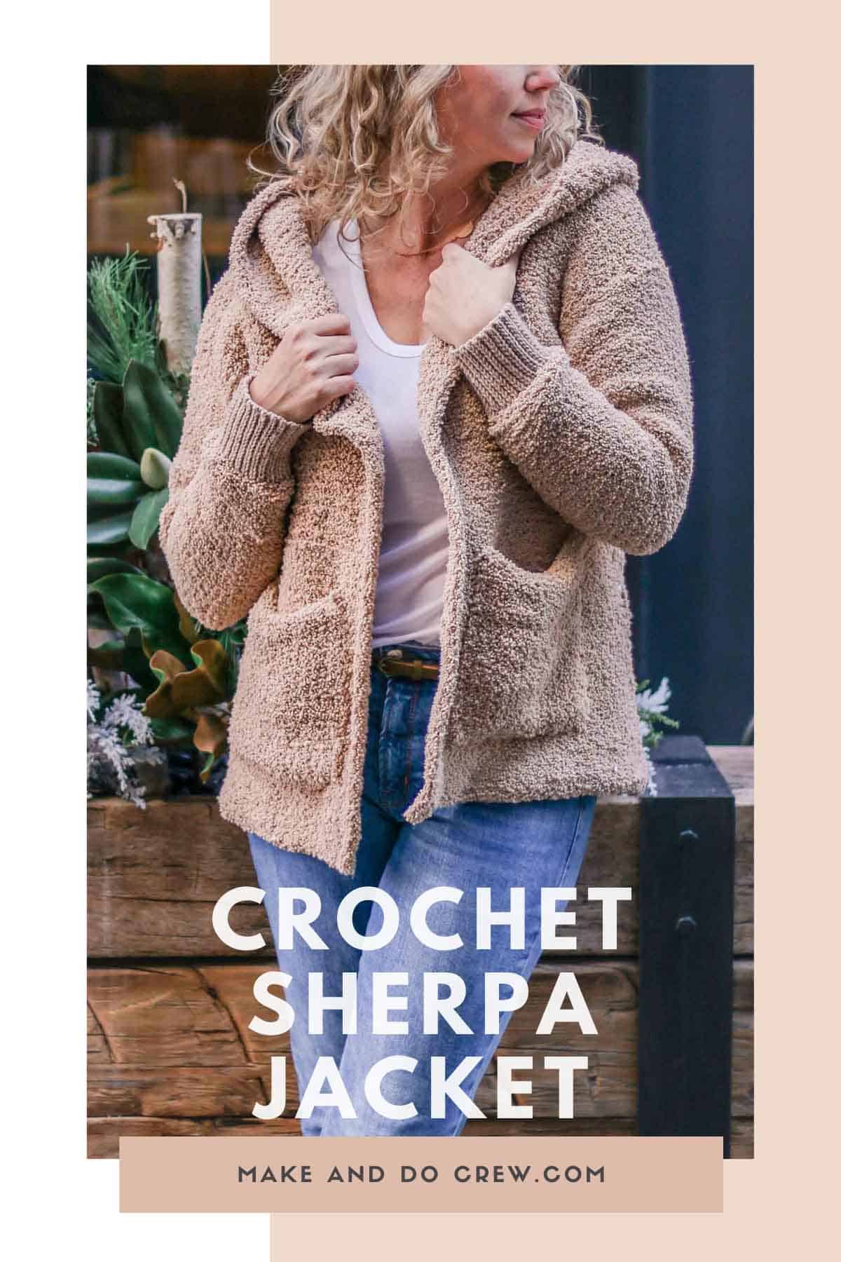 Use basic Tunisian crochet skills, you can make this hooded crochet sherpa sweater jacket pattern from Make & Do Crew. Free pattern + beginner video tutorials!