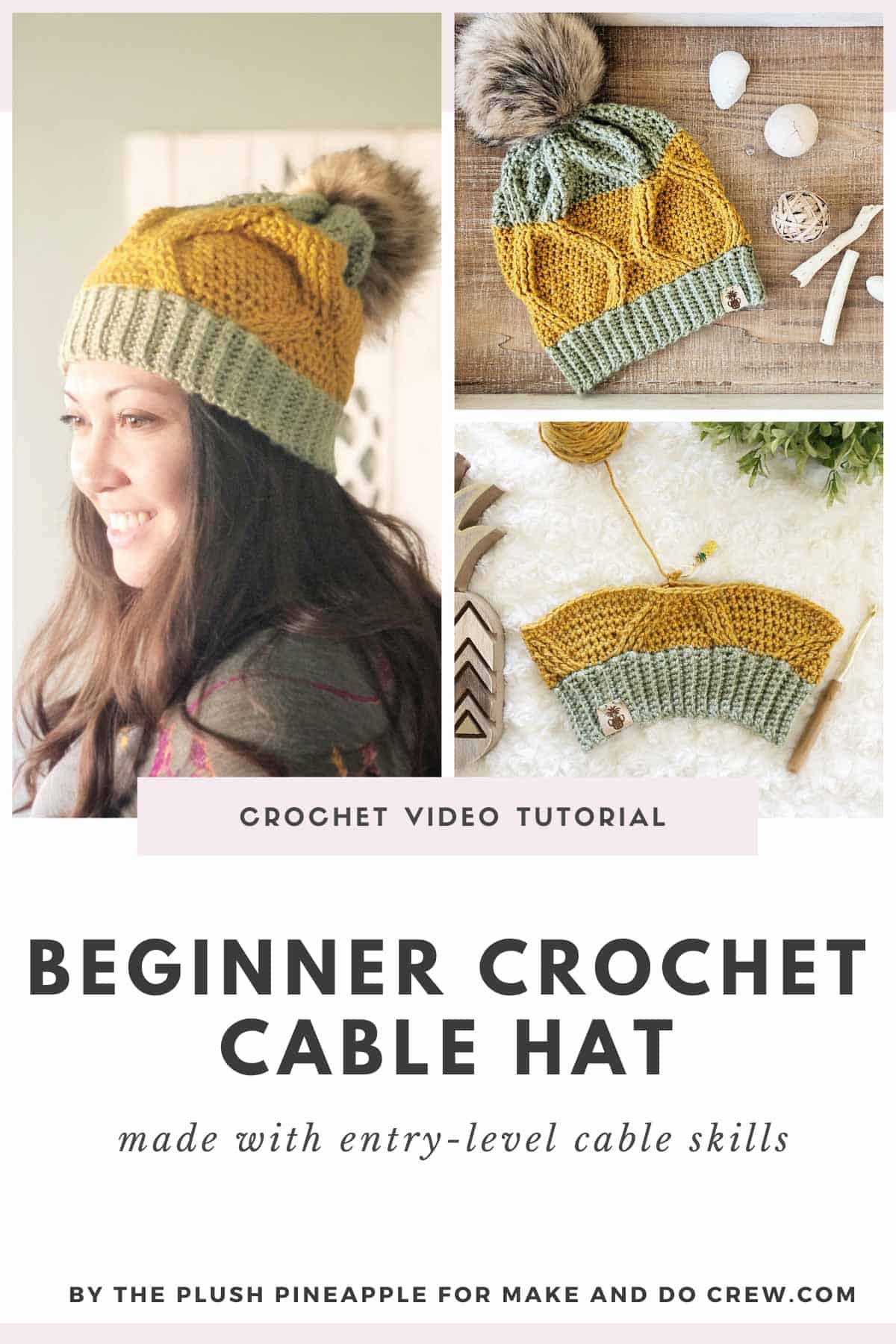 A grid of photos of a beginner crochet cable hat pattern being made and worn. Featuring Lion Brand Heartland yarn.