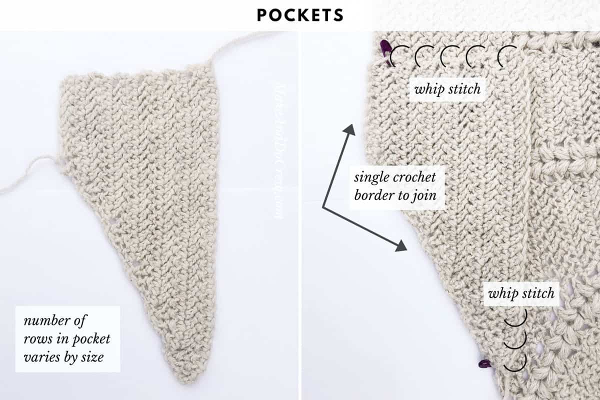 Photo tutorial showing how to crochet pockets for a herringbone crochet cardigan sweater.