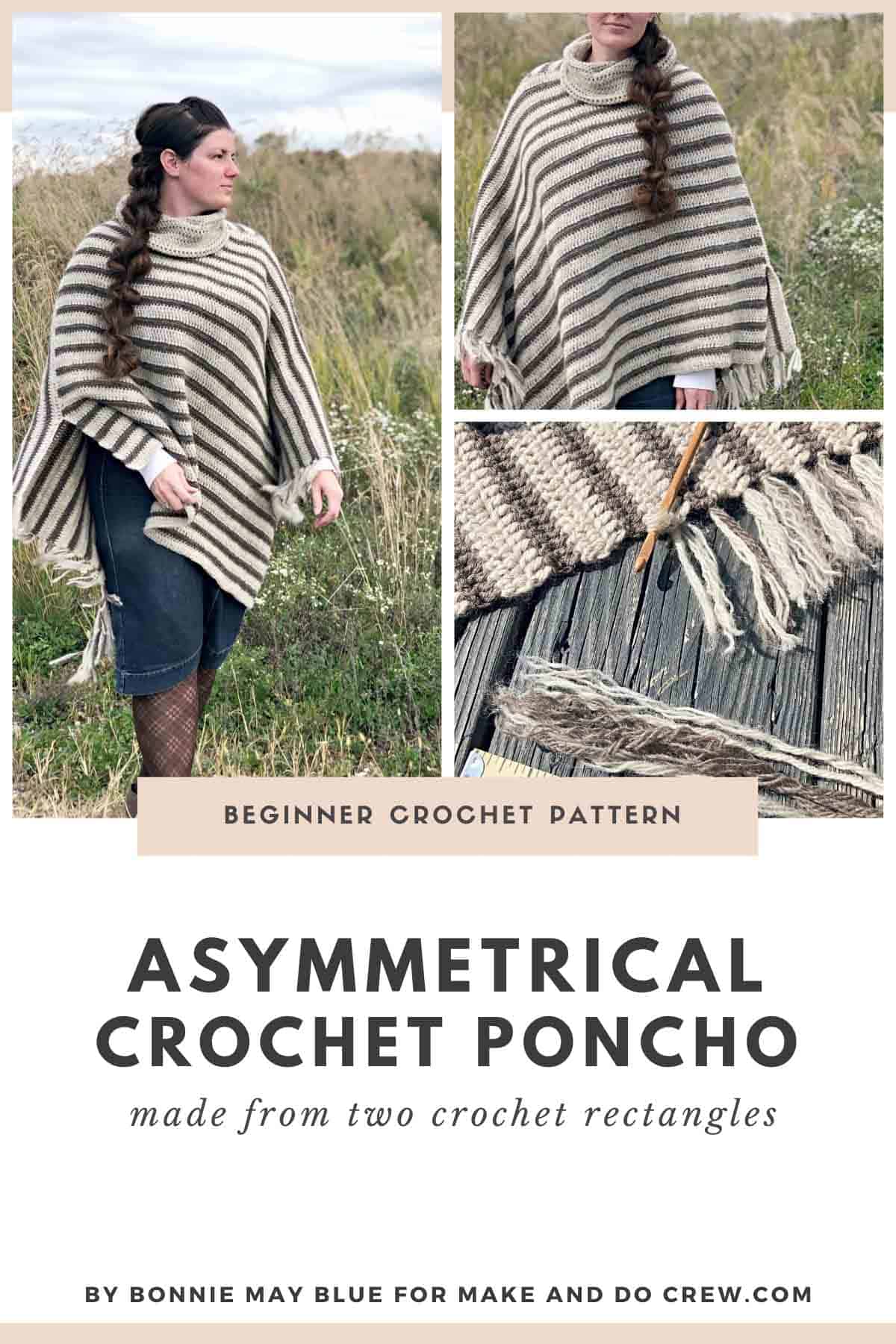 Free crochet pattern for an asymmetrical poncho with fringe.