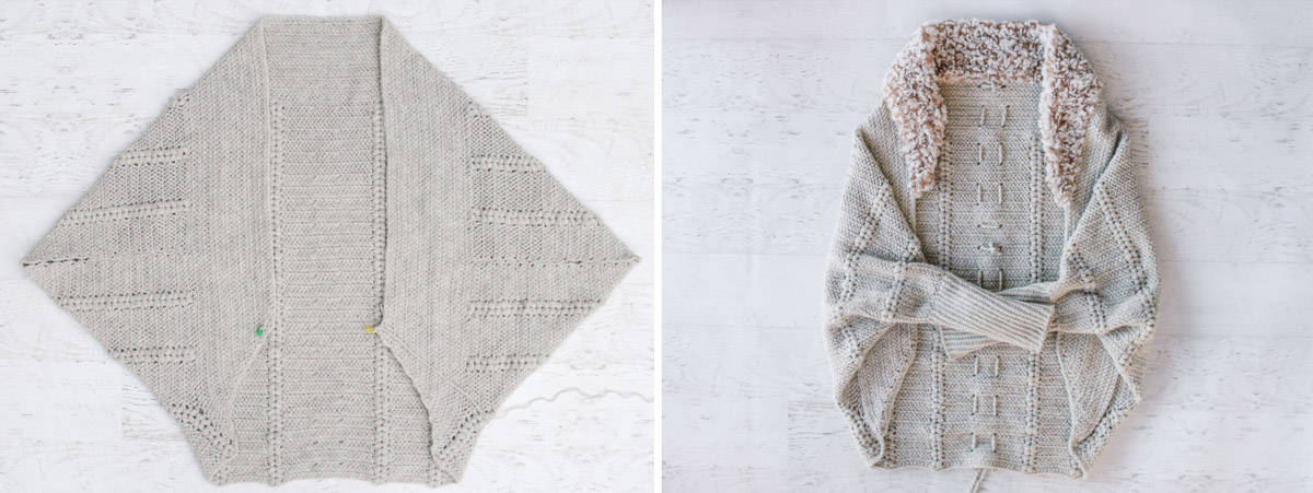 A crochet batwing sweater laying flat next to a finish baggy crochet cardigan with fur trim.