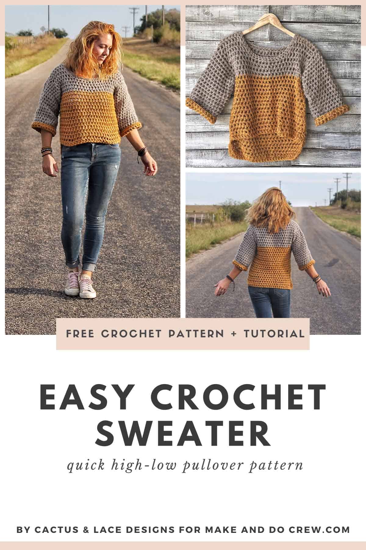 Grid of images of an easy pullover cropped sweater with ¾ length sleeves.