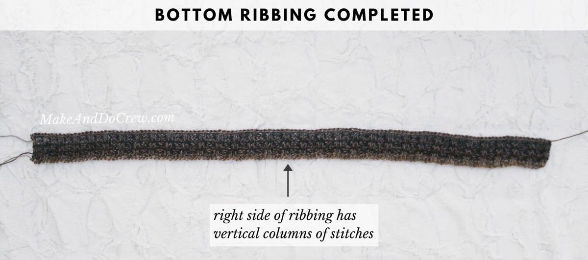 Tutorial showing bottom ribbing of an easy Tunisian crochet sweater pattern.