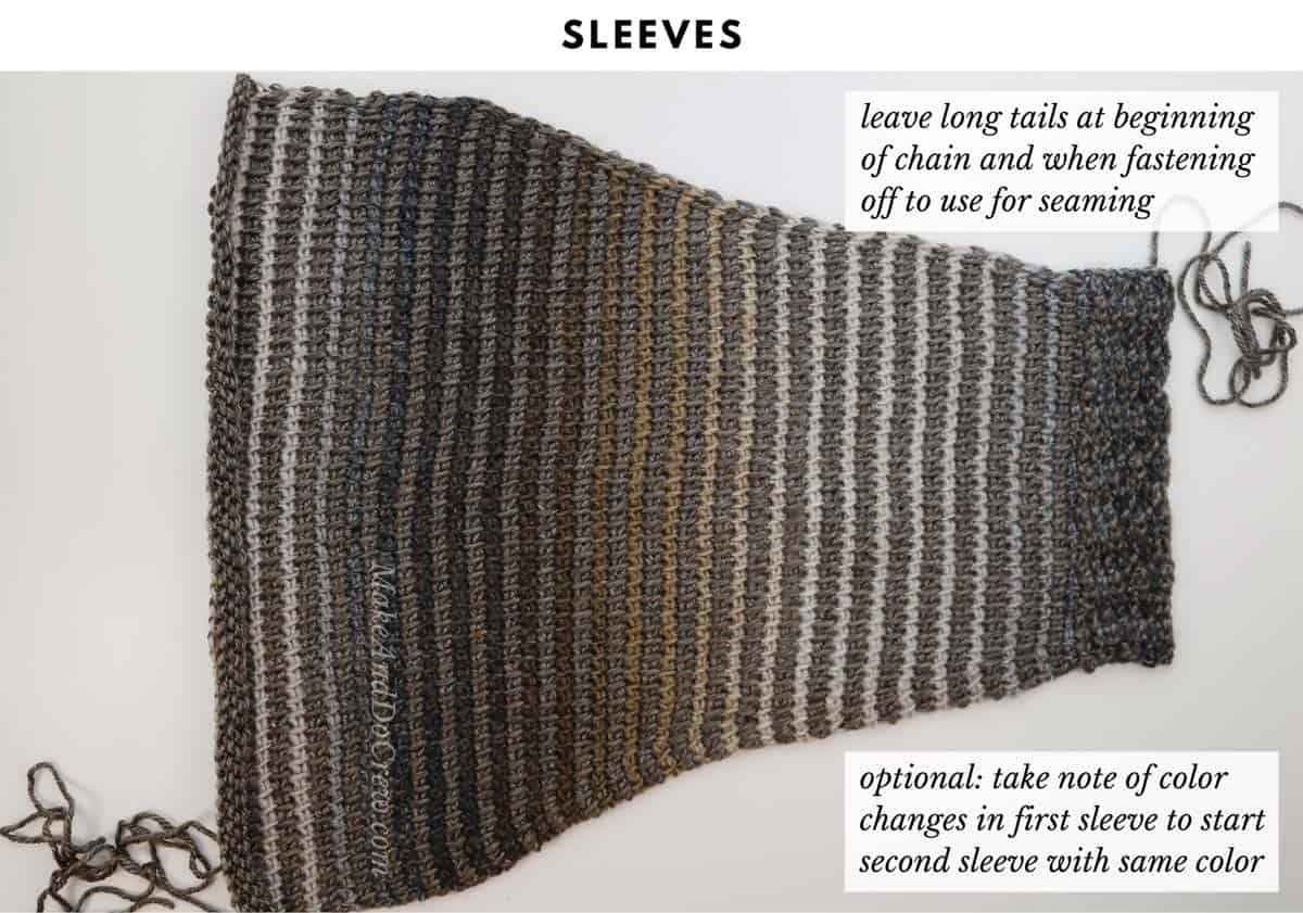 A top down photo of how to crochet a sweater sleeve for the Mercantile Cardigan pattern. (Made with Lion Brand Ferris Wheel in Morning Java.)