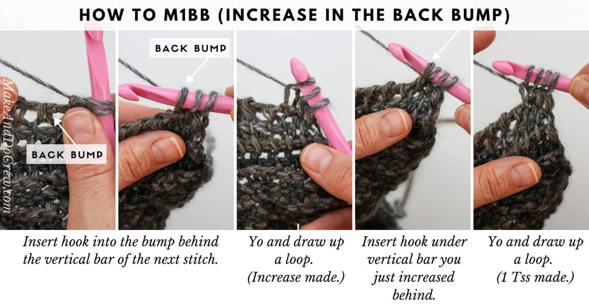 Tutorial showing how to increase in Tunisian crochet.