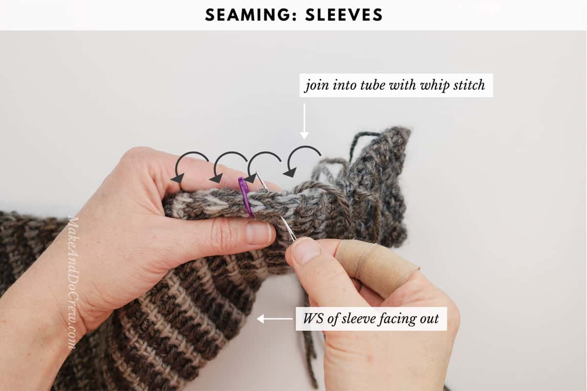 Photo tutorial showing how to seam crocheting with the whip stitch.