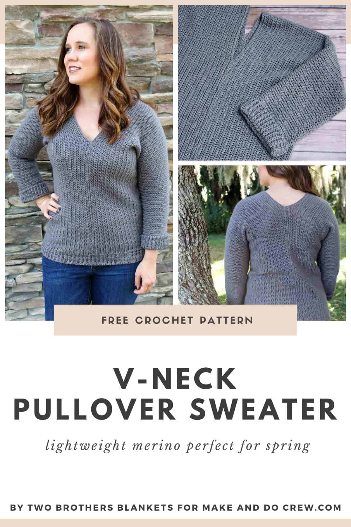 Free crochet pattern for a v-neck pullover sweater, made with Lion Brand yarn.