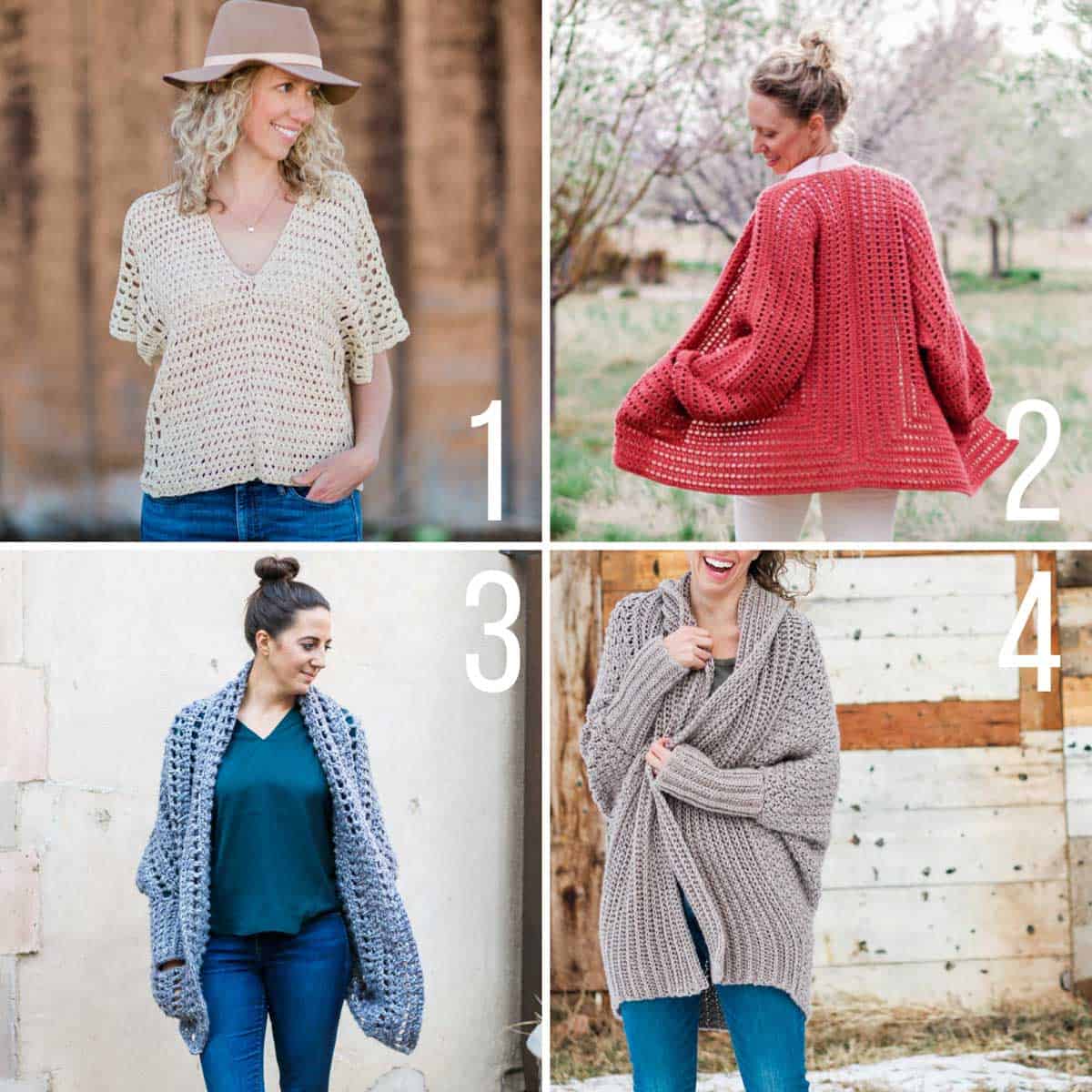 Grid of four easy crochet sweater patterns for free