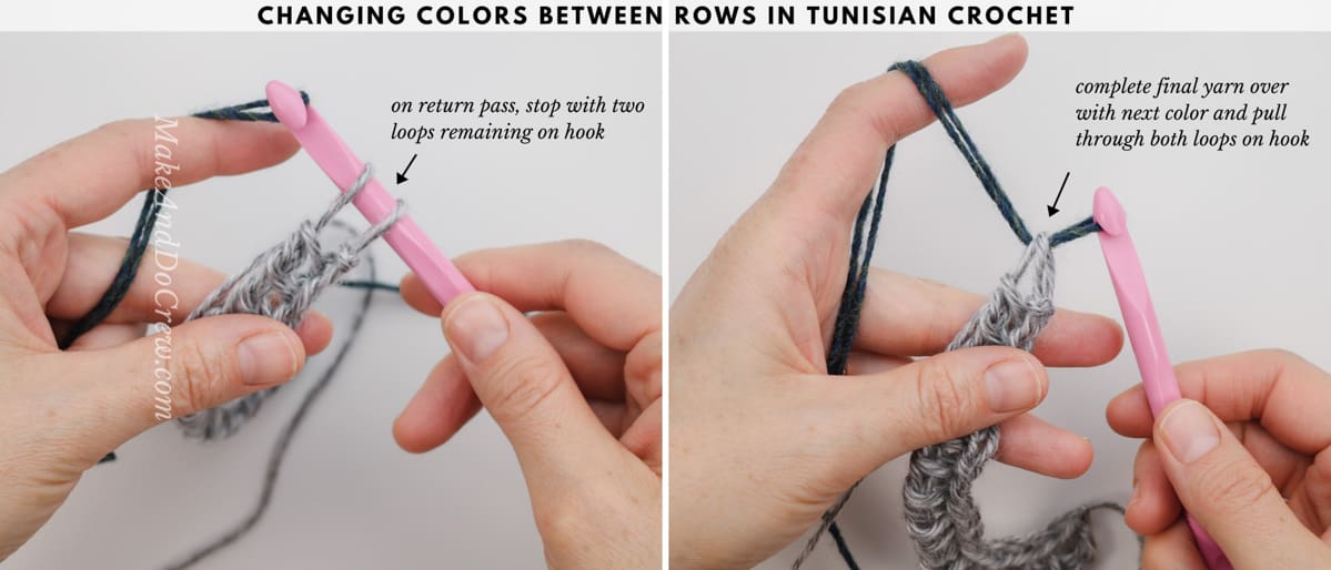 Tutorial showing how to change colors in between rows in Tunisian crochet.