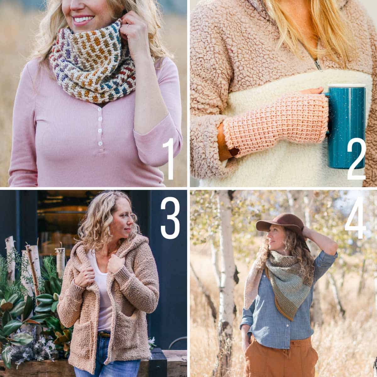 Grid of four modern Tunisian Crochet patterns - a Tunisian Crochet cowl, Tunisian Crochet mitts, a Tunisian Crochet sherpa sweater, and a reversible Tunisian Crochet wrap.