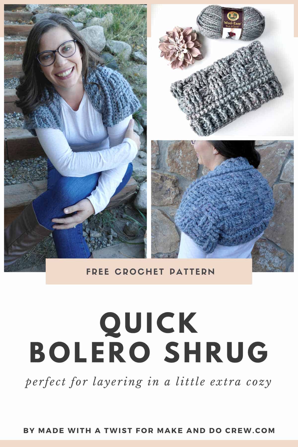 Grid of images showing a woman with dark hair. She is wearing a long-sleeved white shirt, blue jeans, and a gray, chunky crochet bolero shrug. Free crochet pattern.