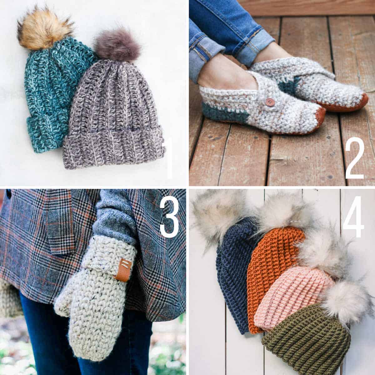 Grid of four free crochet patterns - an easy, chunky beanie, a pair of women's slippers, a pair of mittens made in three hours, and the easiest crochet beanie ever.