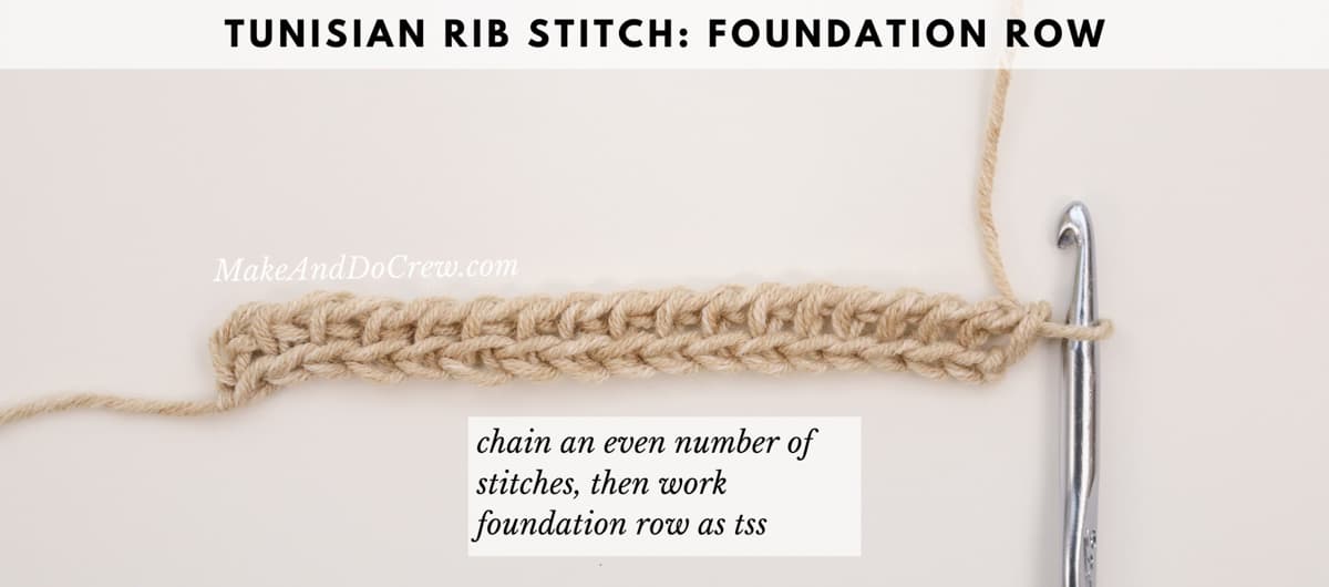 Tutorial showing how to crochet the Tunisian rib stitch in 2x2 ribbing, which looks a lot like knit ribbing. Featuring Lion Brand Jeans yarn in "Khaki."