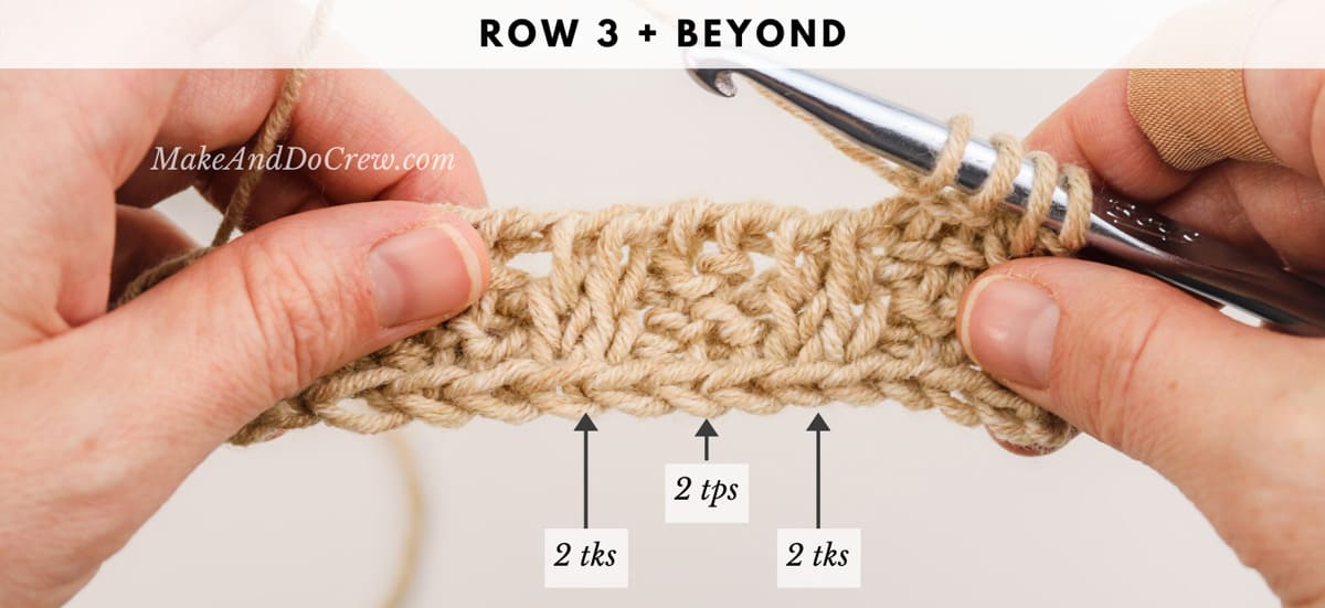 Tutorial showing how to crochet the Tunisian rib stitch in 2x2 ribbing, which looks a lot like knit ribbing. Featuring Lion Brand Jeans yarn in "Khaki."