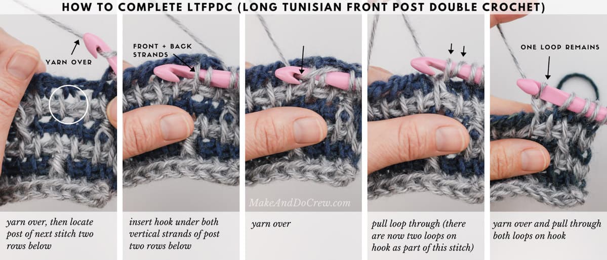 Tutorial showing how to work a long Tunisian crochet front post stitch.