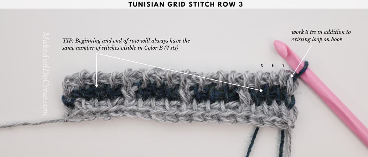 Tutorial showing how to work the Tunisian crochet brick stitch (aka the Tunisian crochet grid stitch)